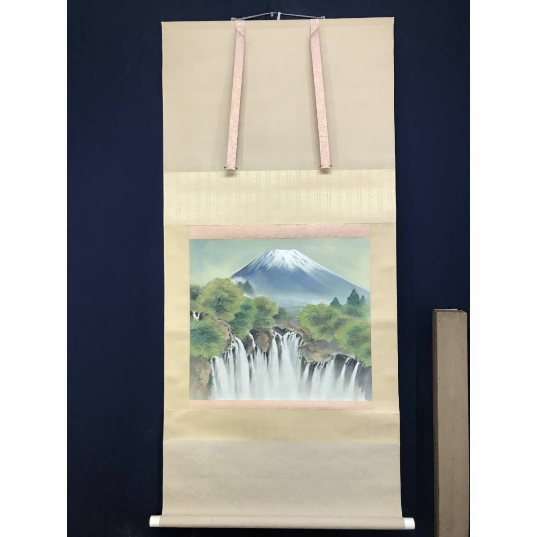 真作/堀江春斎/富士に白糸滝図/富士山図/滝図/山水図/掛軸☆宝船☆AE