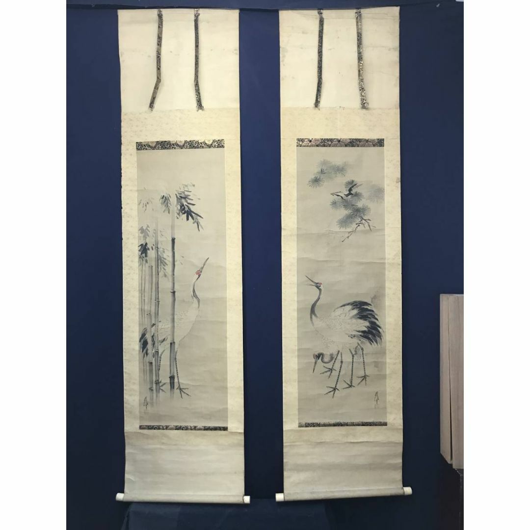 真作/狩野周信/松竹に鶴図/双幅/松鶴図/江戸中期/掛軸☆宝船☆AC-365の