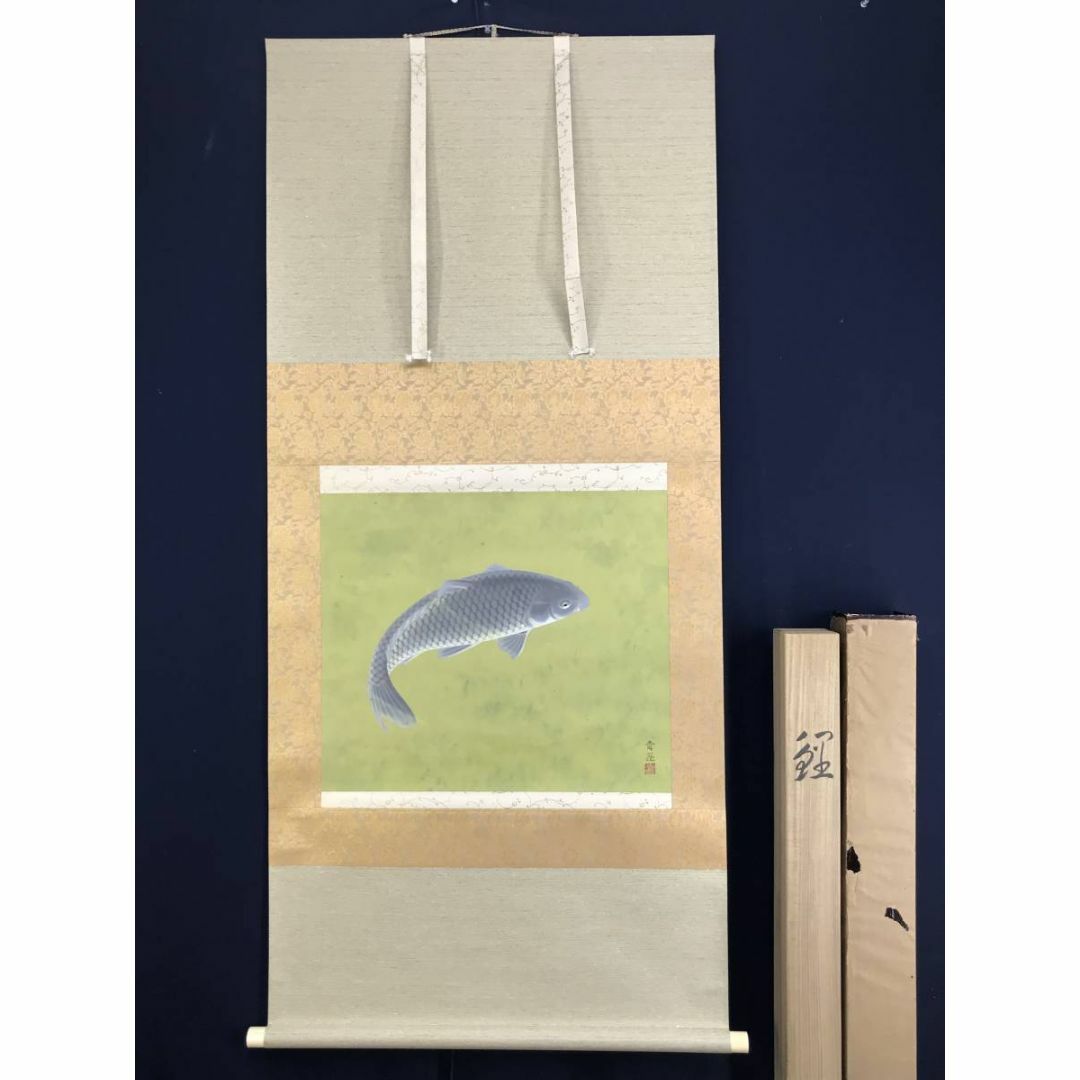 真作/田之口青晃/鯉図/遊鯉図/コイ図/横物/掛軸☆宝船☆AD-728の通販
