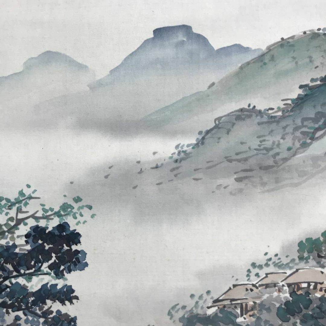 真作/青坡/山村清境/山水図/江村図/横物/掛軸☆宝船☆AD-133の通販 by