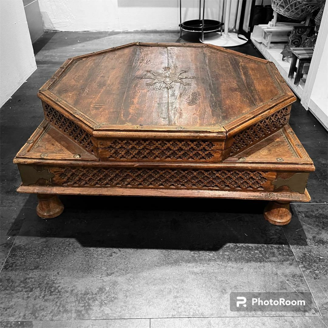 八角 ローテーブル インド 手彫り アンティーク ビンテージ 木製 花台
