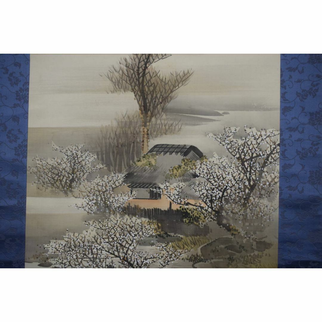 真作】服部石仙/梅花山村図/春景山水小舟図/掛軸☆宝船☆Z-453 真作