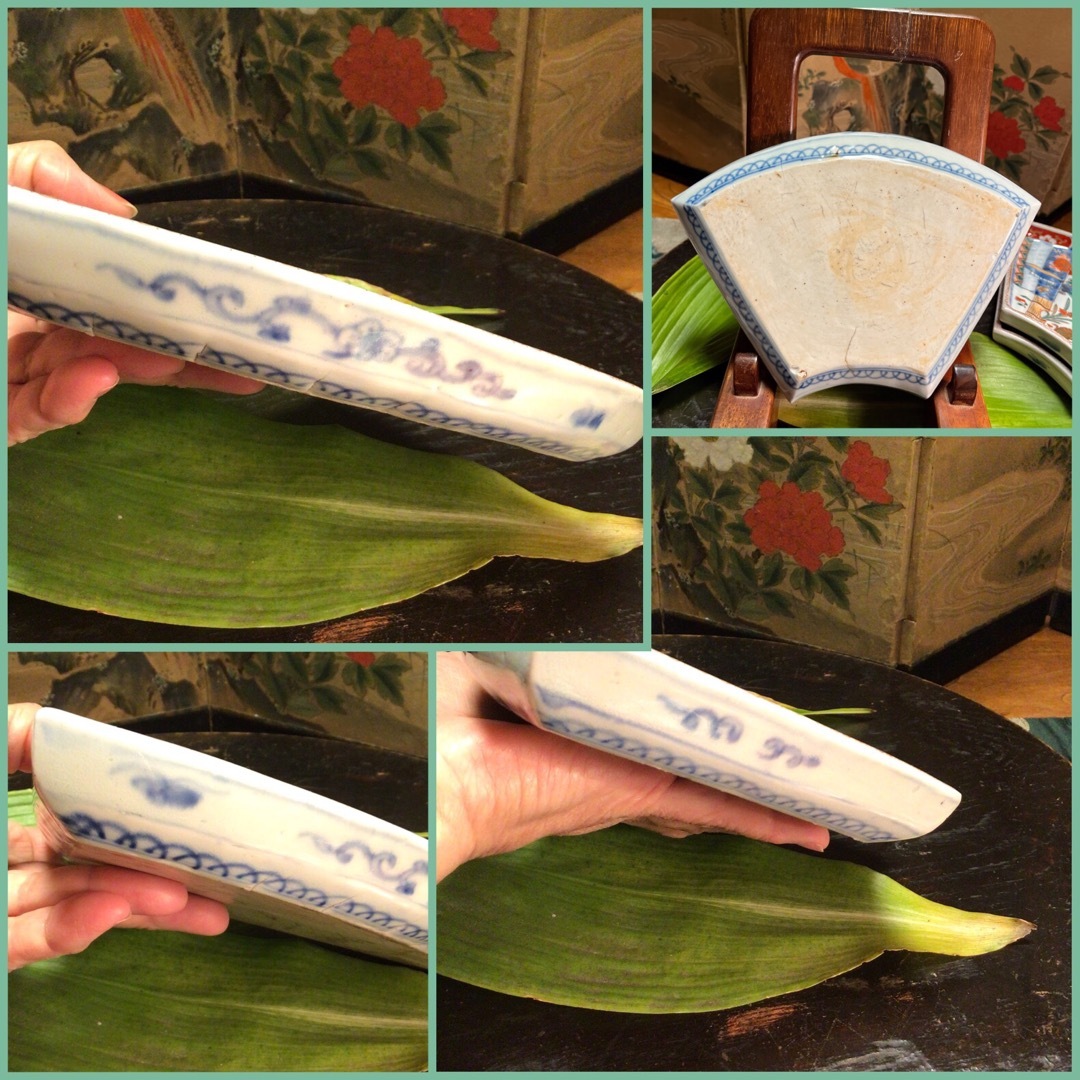 A831 古伊万里 極上 染錦手 菊に蝶 女郎花に蜂紋様 扇面皿 6枚揃えの