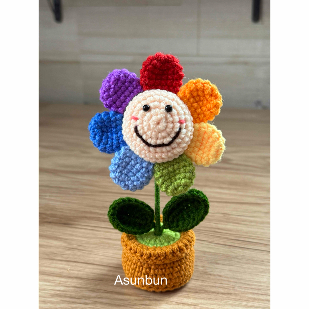 ハンドメイド かぎ針編み あみぐるみ 虹の花と虹ハートの鉢植え セット