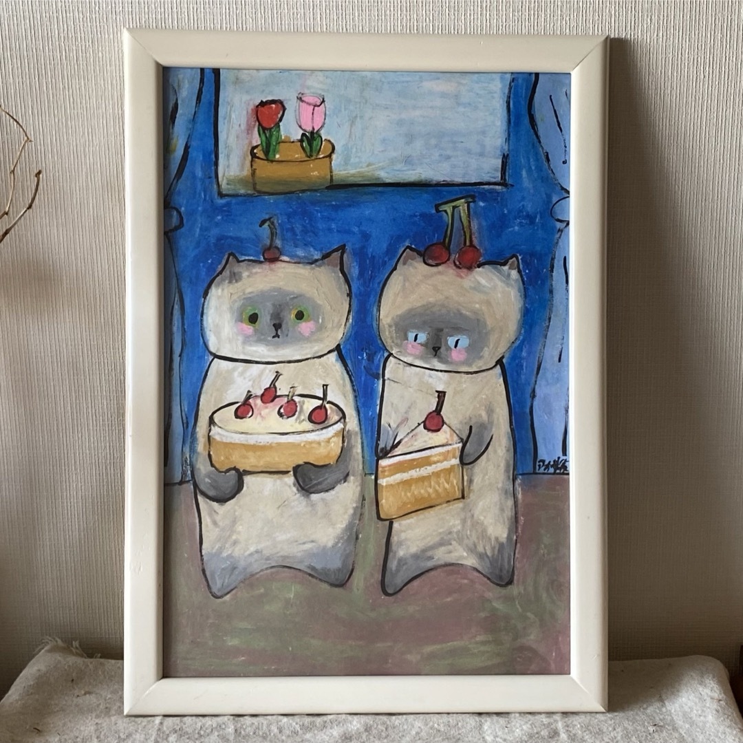 猫の手描き絵画 シャム猫 絵画。原画手描【シャム猫たちはデート記念