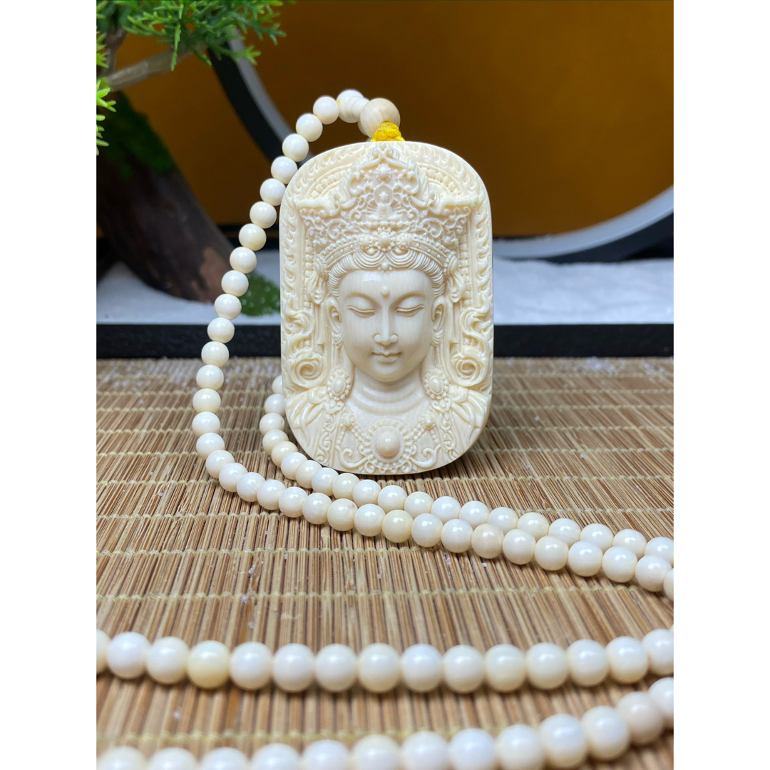 天然マンモス牙美しい手作り彫刻自在観音 置物 天然マンモス牙美しい