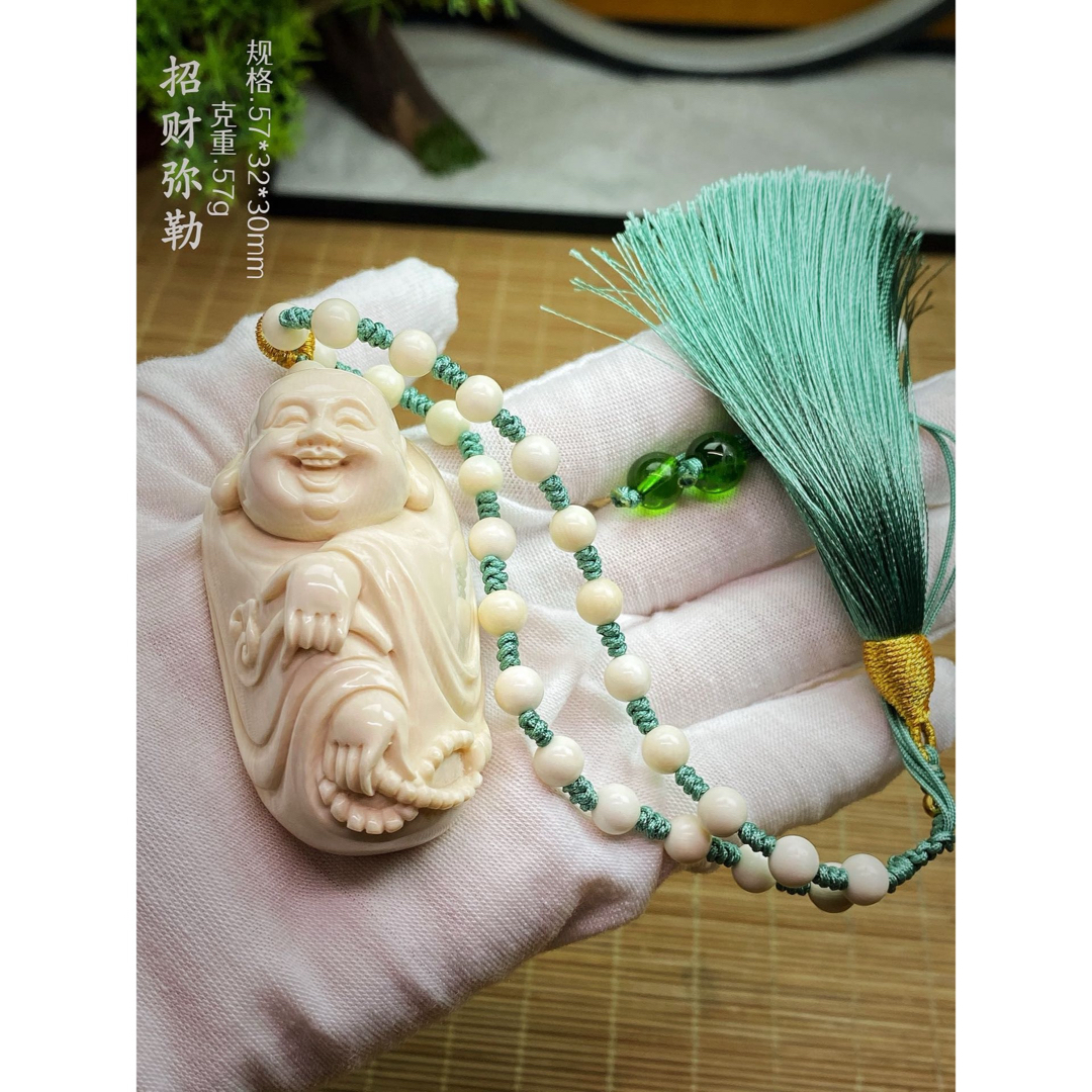 天然マンモス牙精巧な手作り彫刻招財弥勒 置物