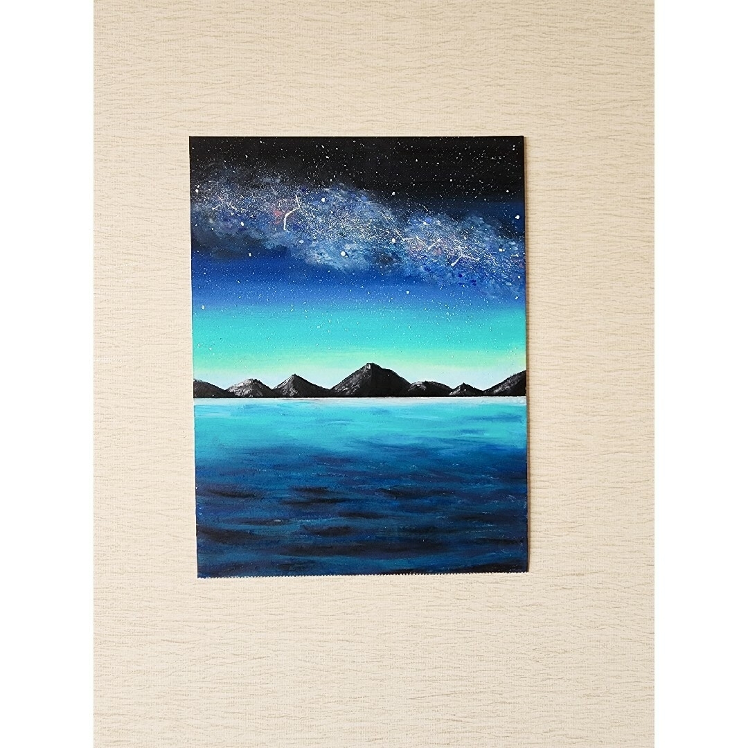 風景画 海の絵 夜空 星 アート パステル画 絵画 イラスト オイル