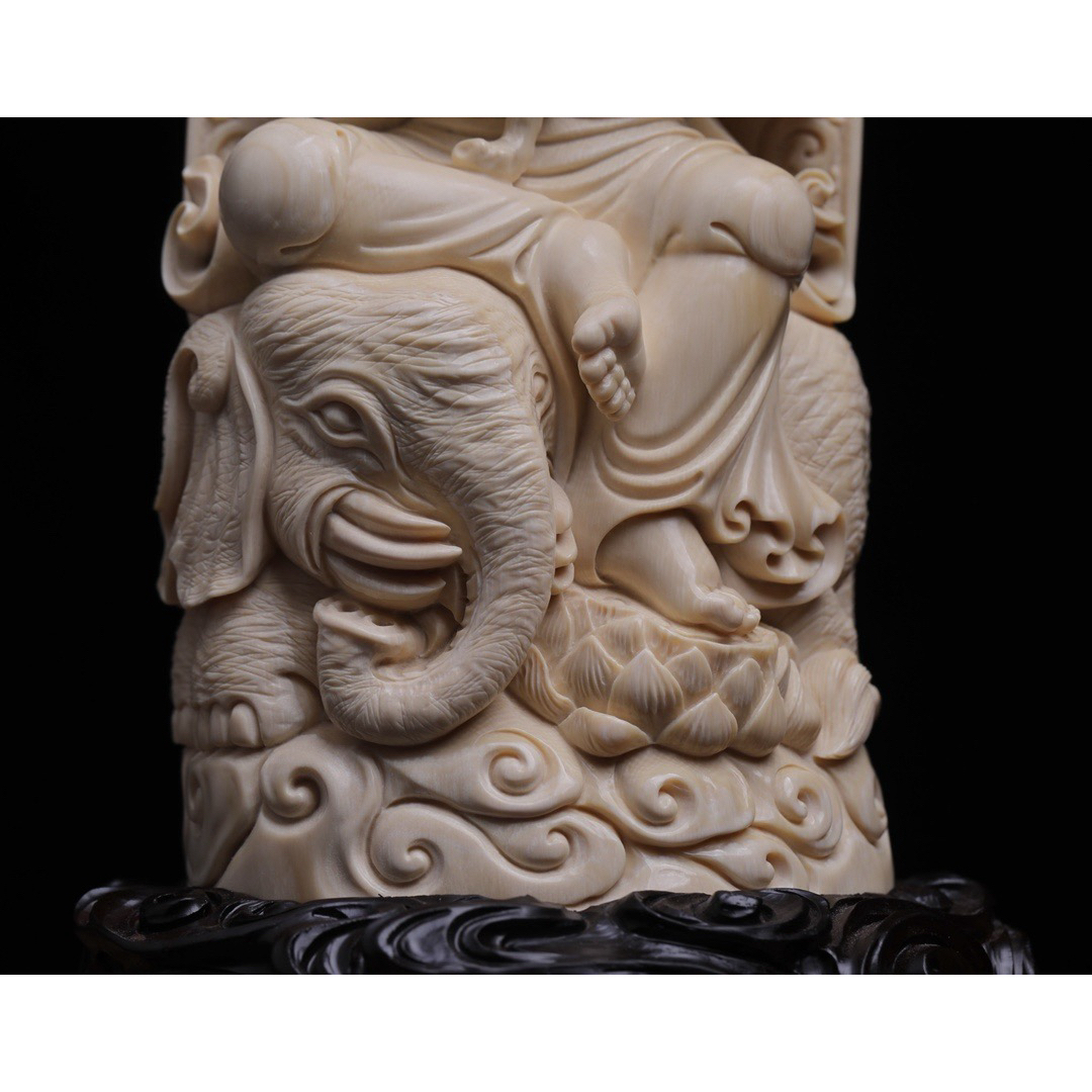 天然マンモス牙美しい手作り彫刻 文殊菩薩 小さいな置物 天然マンモス