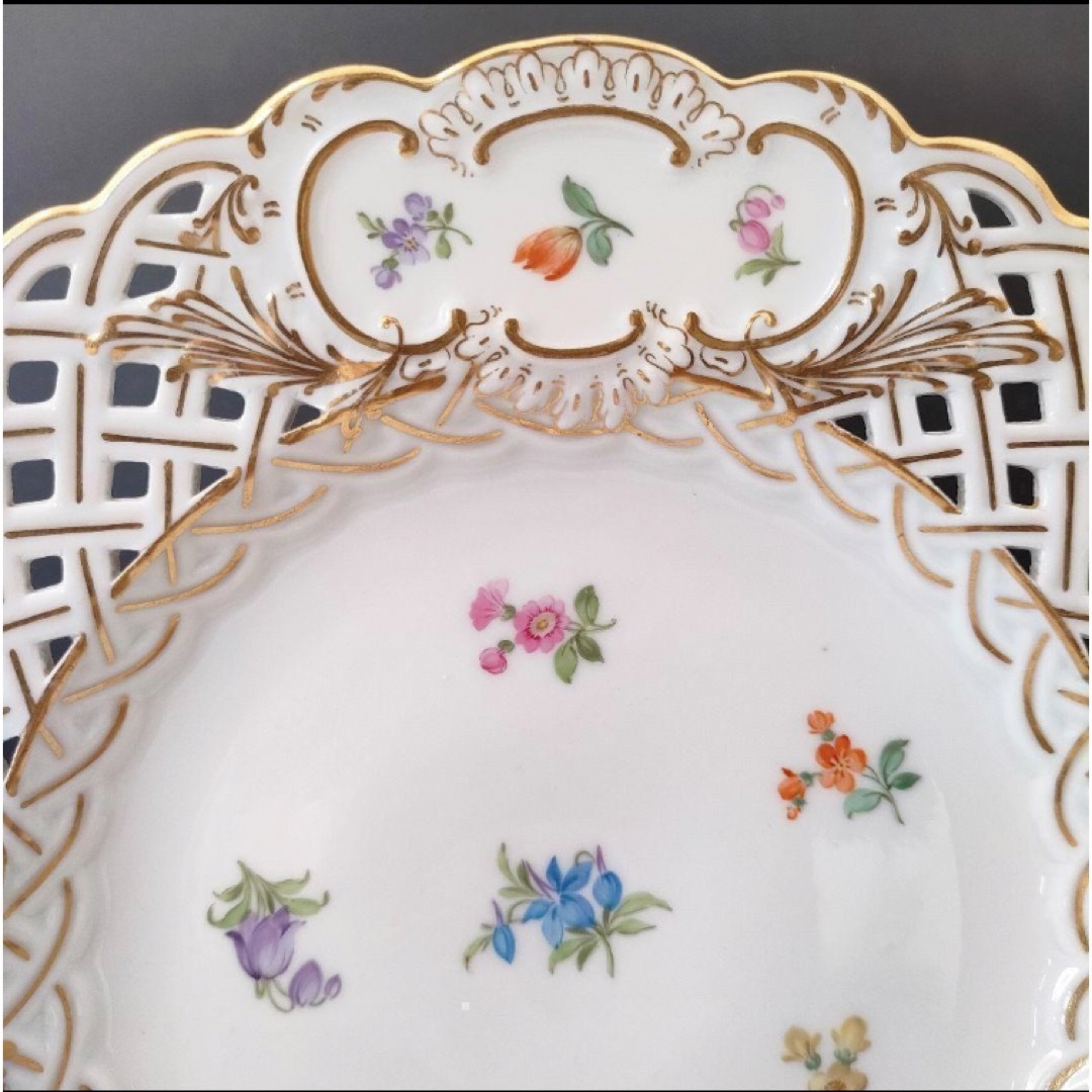 20.5㎝☆マイセン ピアスエッジ 美品 小花 フワラー 金彩 透かしプレート