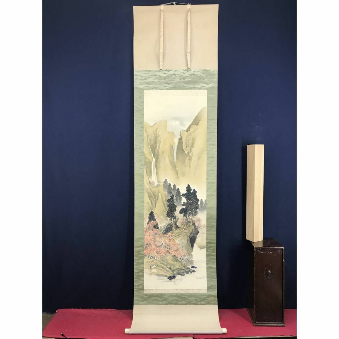 真作/石井百畝/青緑山水図/山水図/鹿図/シカ図/掛軸☆宝船☆AH-909の