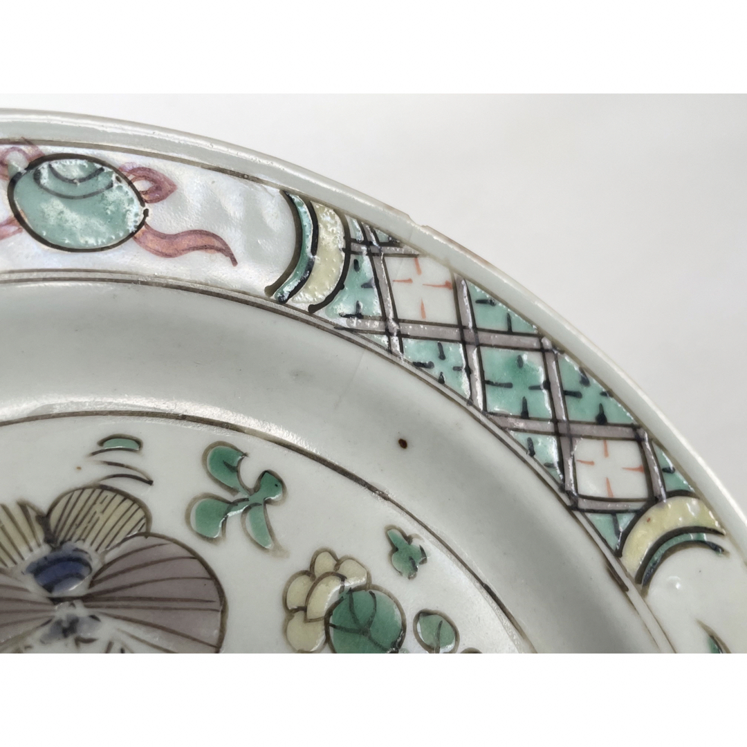 中国骨董 アンティーク 五彩 蝶々 宝文様 五寸皿 双魚印 中国 清朝