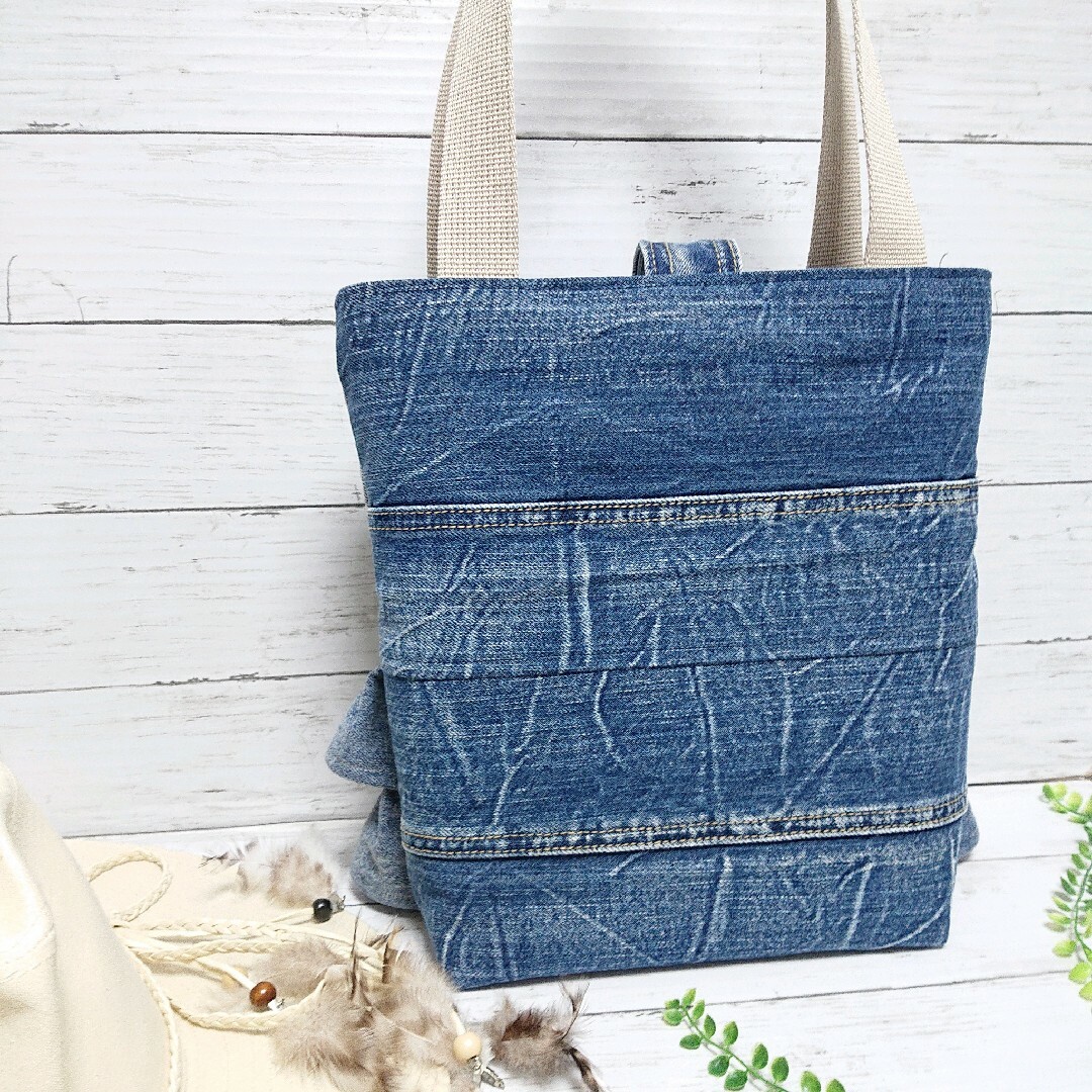 ハンドメイド デニムリメイク フリル ハンドバッグ トートバッグ