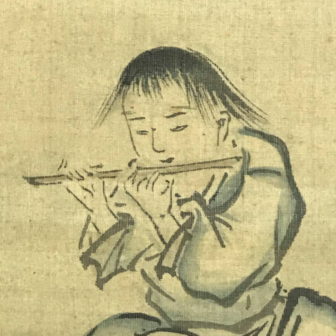 真作/狩野永叔/柳下牧童図/笛吹牧童図/人物図/掛軸☆宝船☆AF-448の