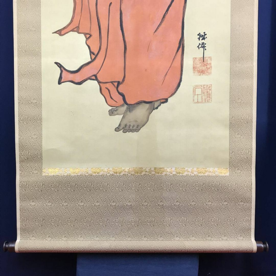 真作/新谷鉄僊/緋達磨之図/ダルマ図/だるま/達磨//掛軸☆宝船☆AF-535