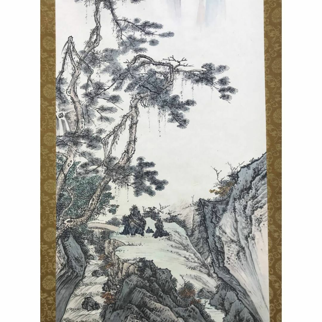 真作/如松/山水図/遠峰清雲/彩色山水図/中国山水図/掛軸☆宝船☆AF-659
