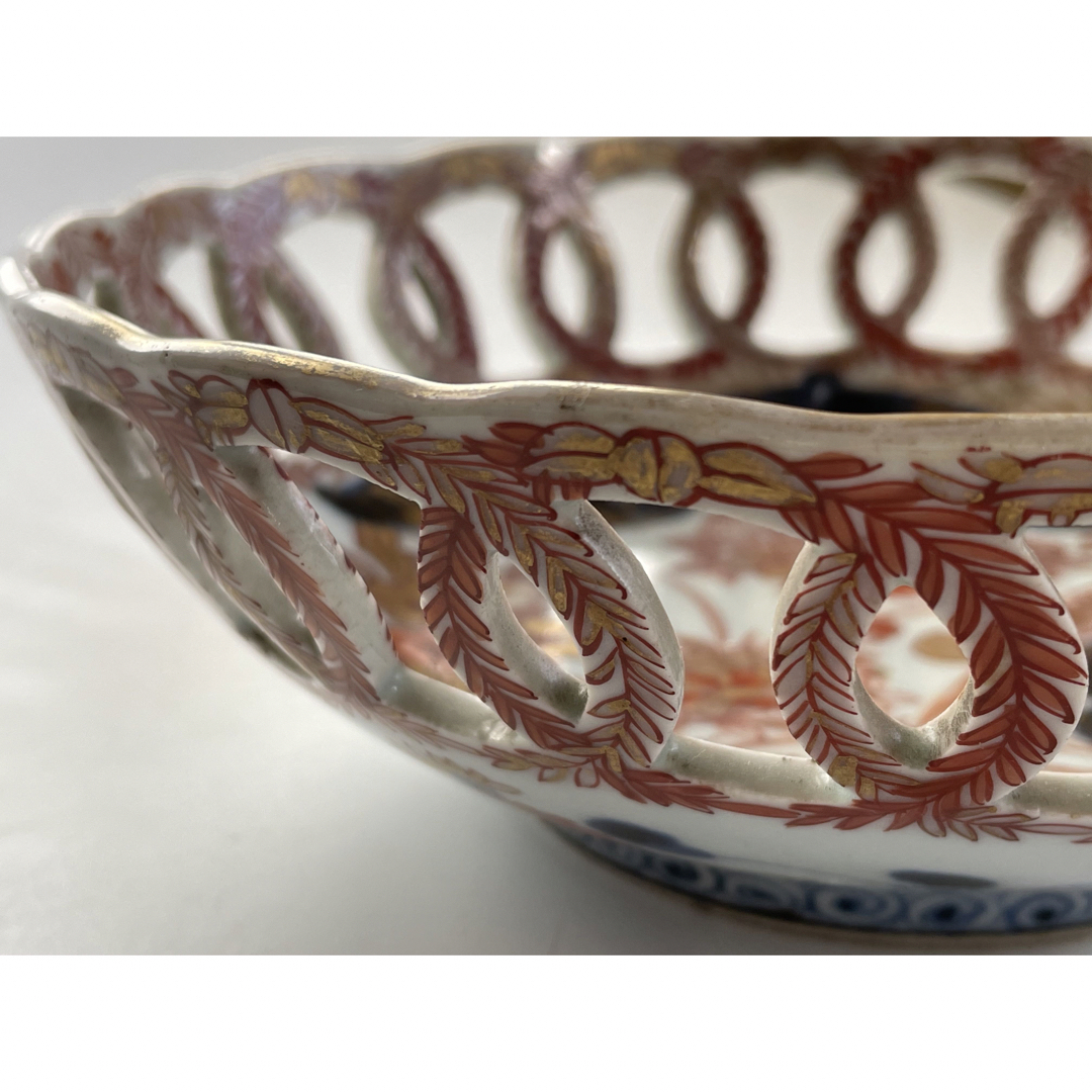 骨董 アンティーク 古伊万里 色絵花鳥図輪繋透鉢 金襴手 透かし 元禄 輸出