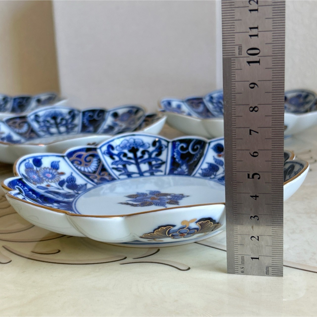 高級美術 有田焼 菊割皿 5枚セット 古伊万里 染付花紋 金彩 中