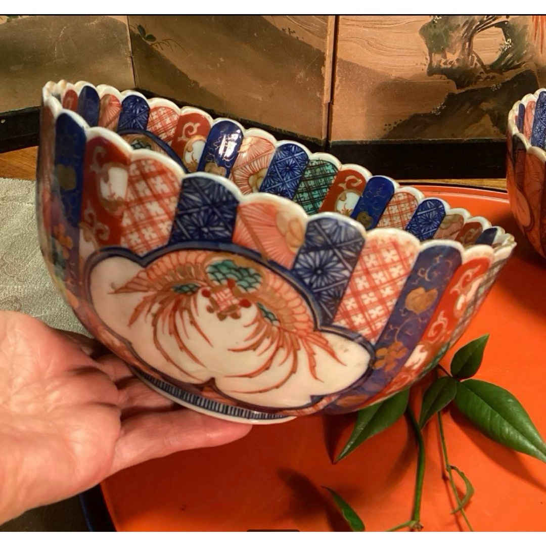 A1034 大聖寺伊万里 鉢 金襴手 菊花型 打ち抜き手 2客の通販 by