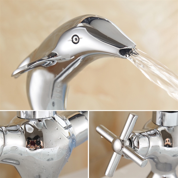 洗面蛇口 バス水栓 水道蛇口 冷熱混合栓 2ハンドル イルカ型 クロム