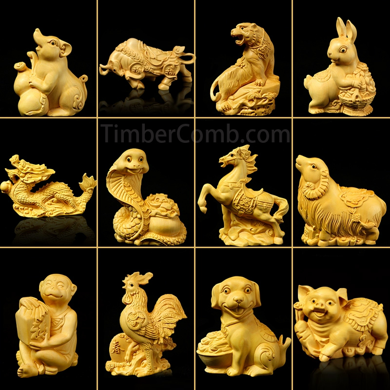 つげの木彫刻 十二支（鼠・牛・虎・兎・龍・蛇・馬・羊・猿・鶏・犬