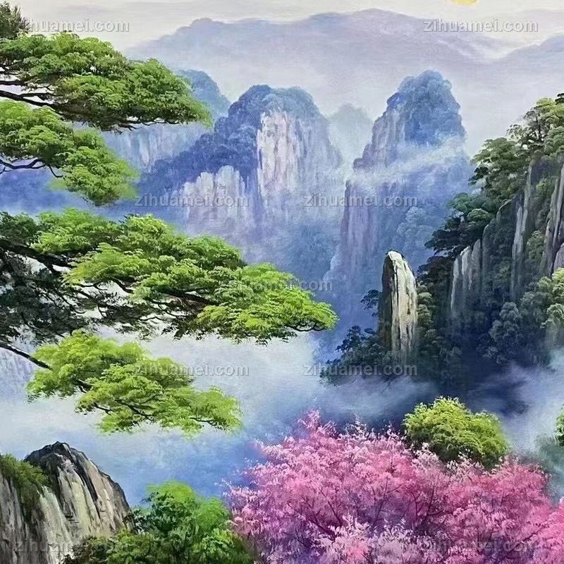 迎客松旭日东升中式山水风景油画纯手绘大厅挂画-字画美