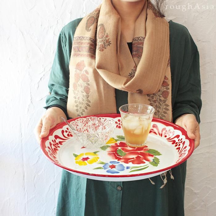 タイ》ホーロー花柄レトロトレイ 35cm（赤・緑・青）/琺瑯製｜ラフエイジア