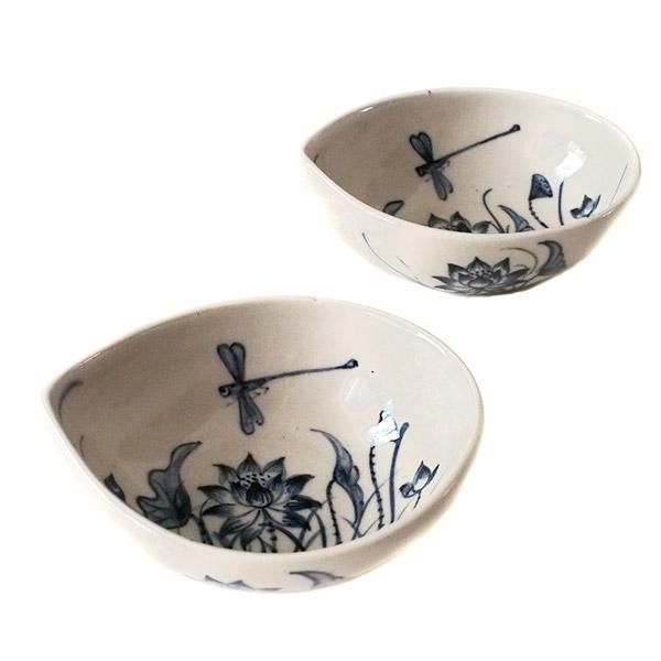 ベトナム バッチャン焼き 手描き 蓮 小皿 雫型