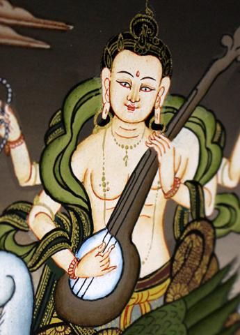 サラスヴァティー（弁財天／べんざいてん）[布額装タンカsssn]- 彩雲