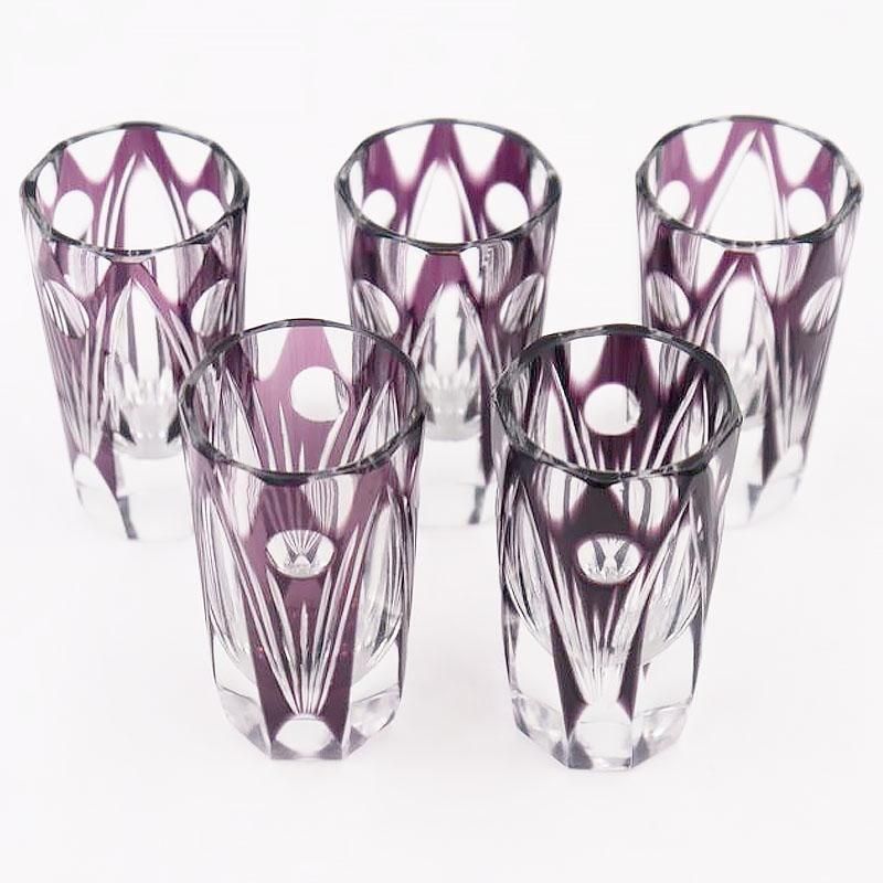 切子リキュールグラス 大正ロマンの紫色幾何学模様アンティーク