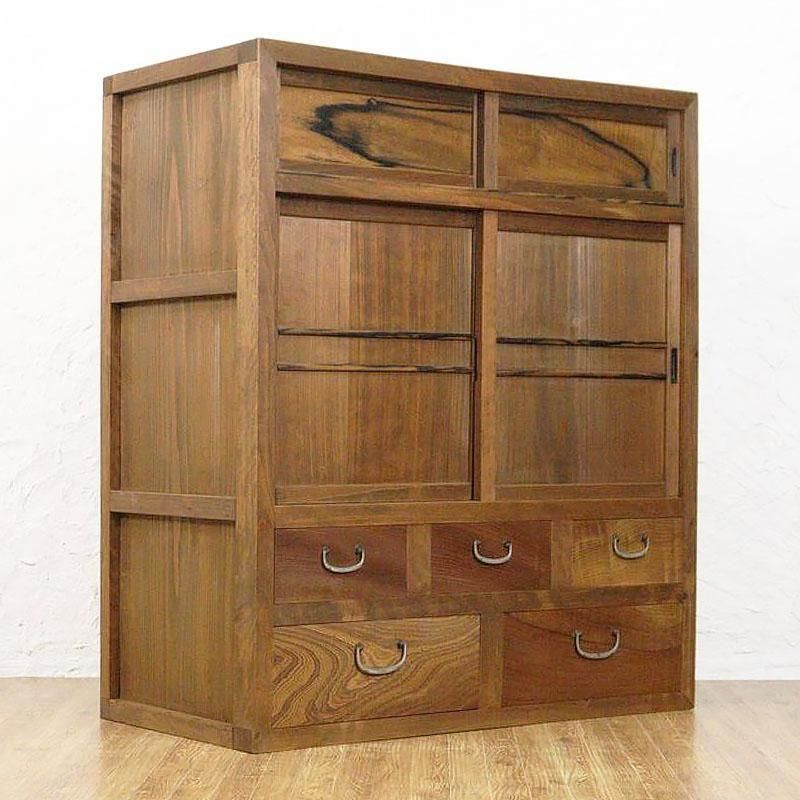 希少サイズ 四尺 格子 ダイヤガラス入り 水屋箪笥 キャビネット 食器棚