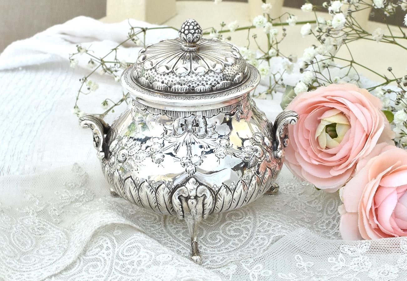 フレンチアンティークシルバー【銀950】リボンのシュガーポット 228g