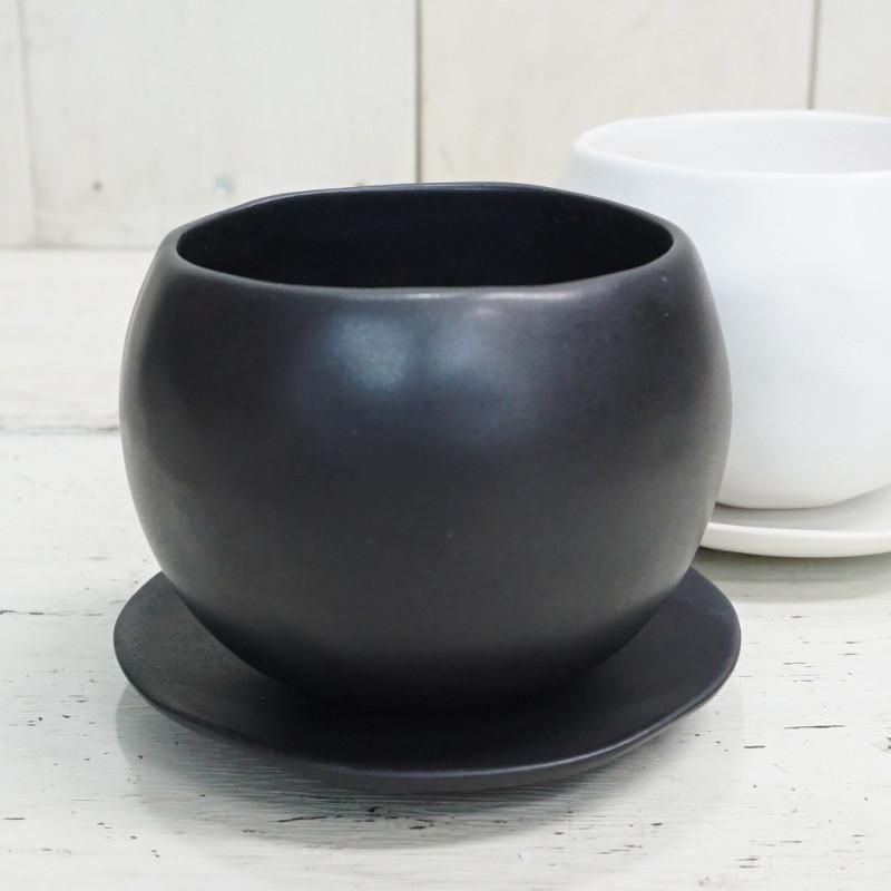 植木鉢 おしゃれ 陶器鉢 マリナS (B/W)＜ 8.5cm 3号 底穴あり 受け皿付