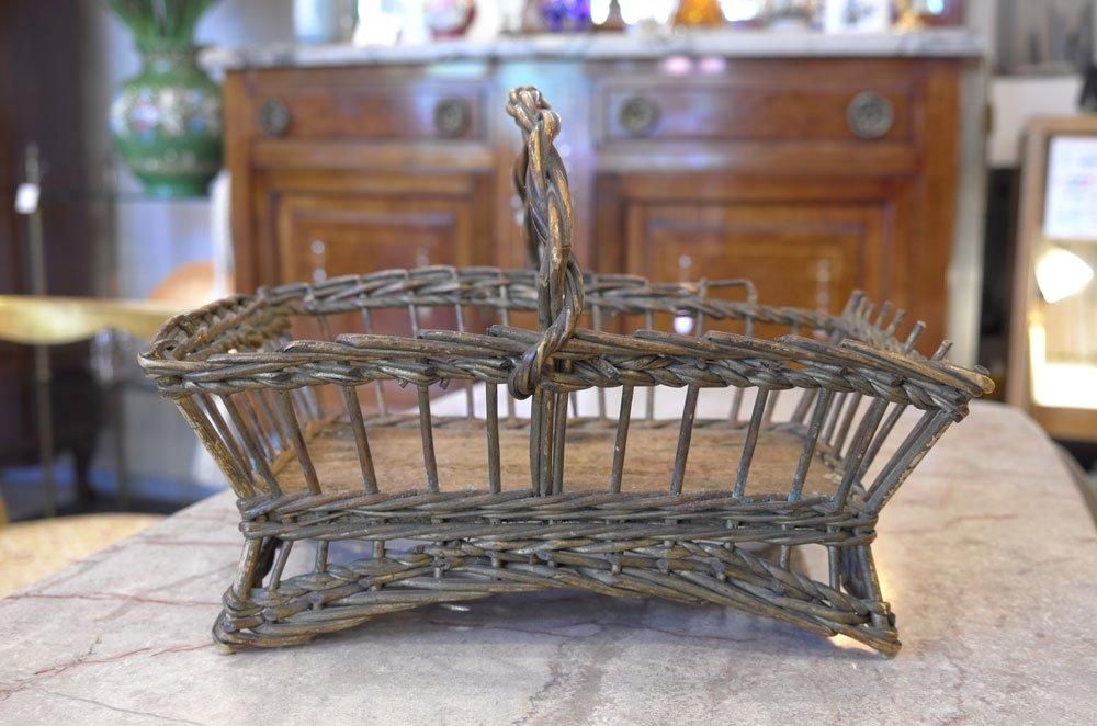 フランスアンティーク雑貨】バスケットかご四角 持ち手 あけび 果物