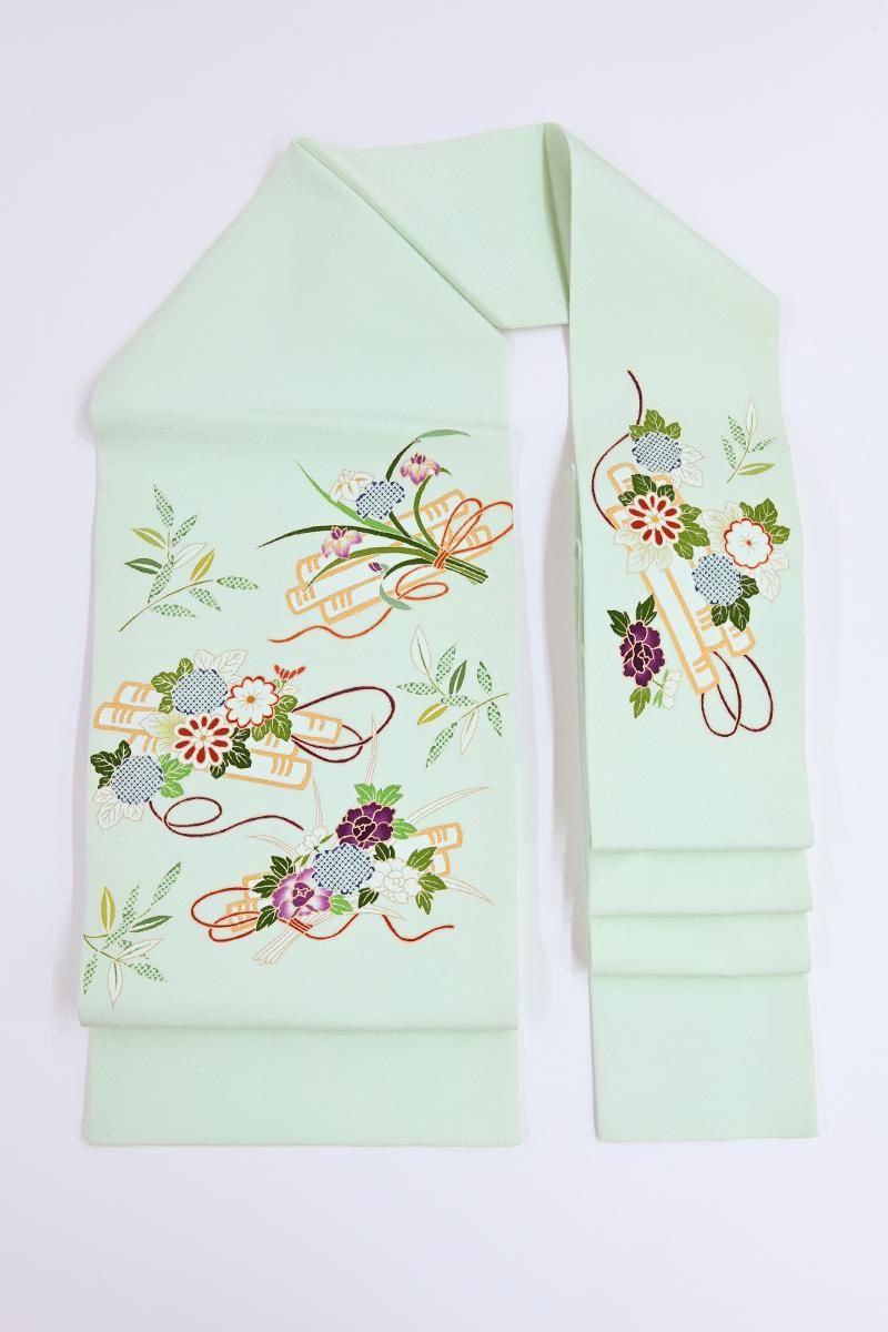 銀座【H-0900】縮緬地 染名古屋帯 白緑色 花筏文（反端付） - 銀座