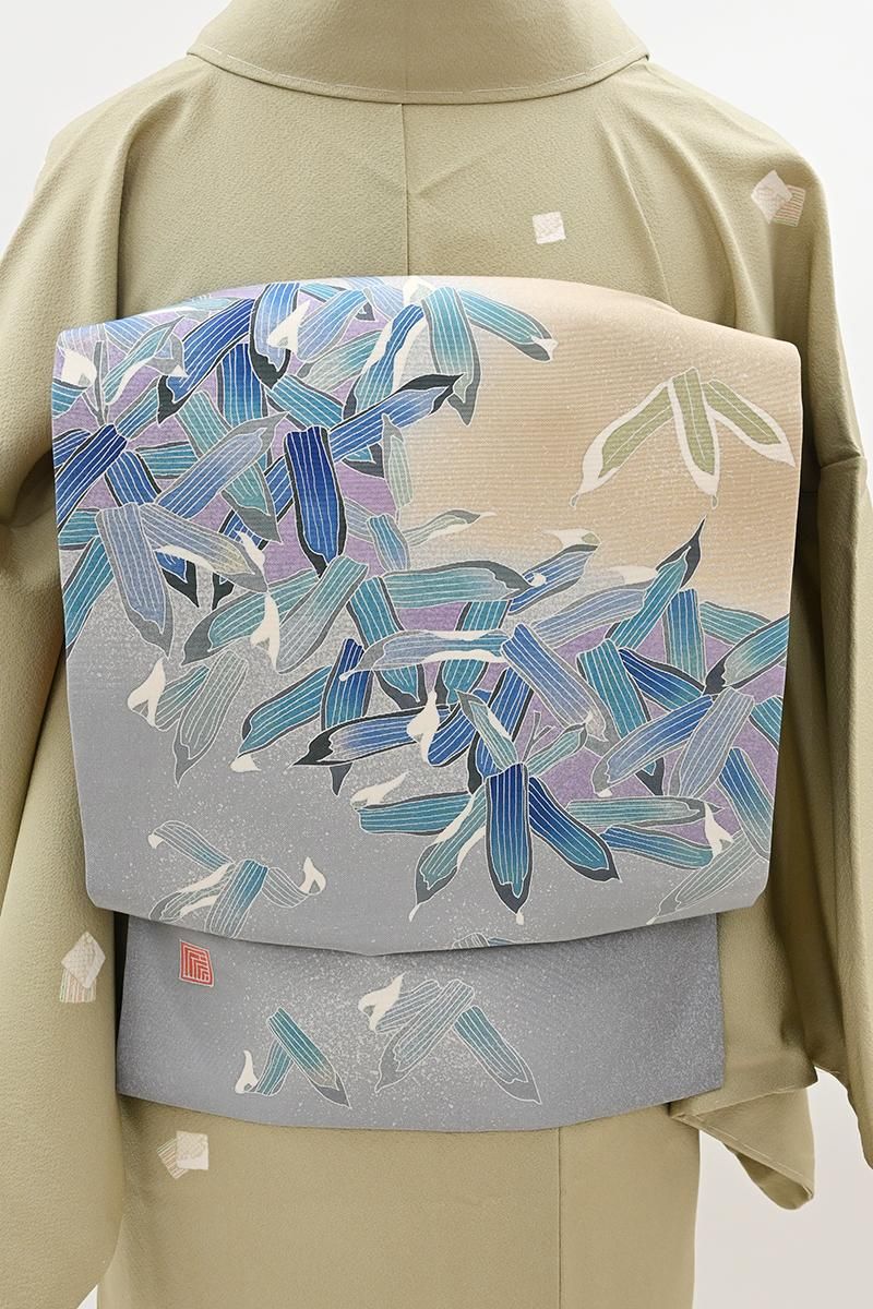 銀座【H-0764】染織工芸作家 田村信之作 染名古屋帯 亜麻色×淡い灰青色