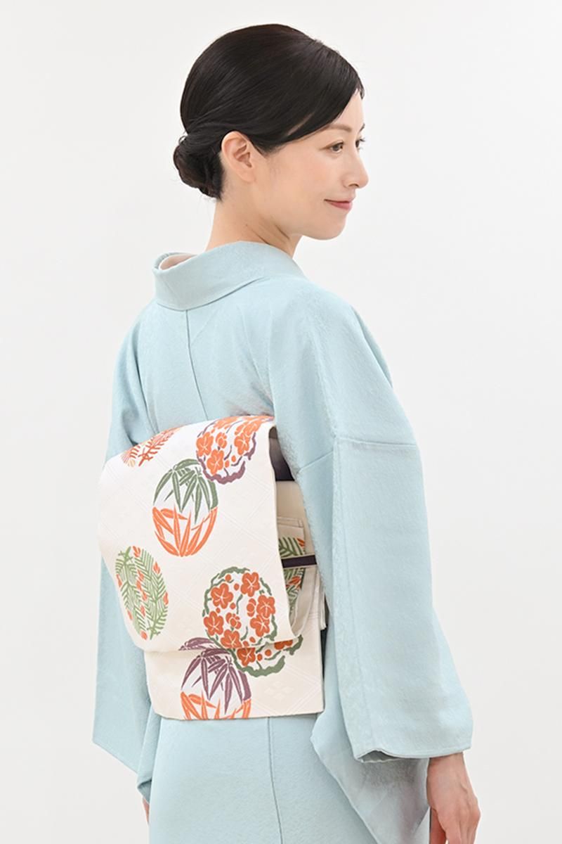 銀座【H-0901】人間国宝 喜多川俵二 開き織名古屋帯 白練色 松竹梅の