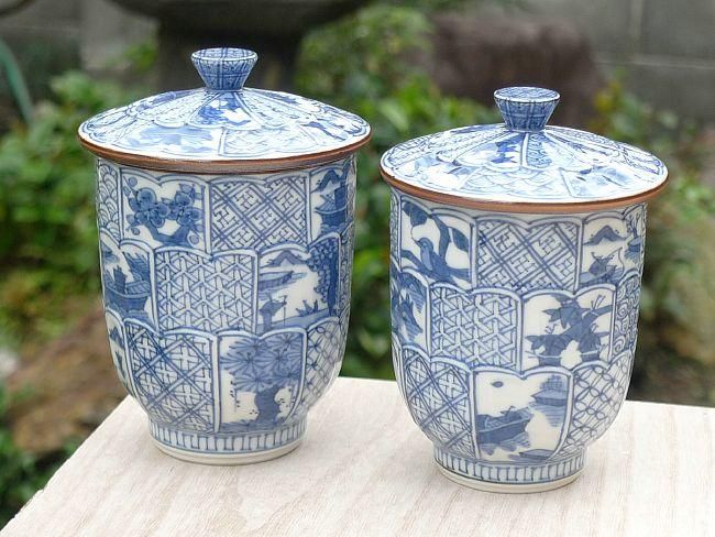 ◇401◇青網蓋付湯呑 芳山 網目 4客 和骨董 japanese craft ◇401◇青