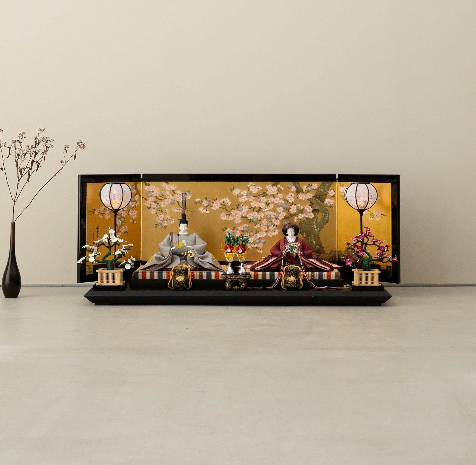 雛人形 十番 手刺繍親王飾り 清水久遊 彩描頭 本金手描蒔絵屏風
