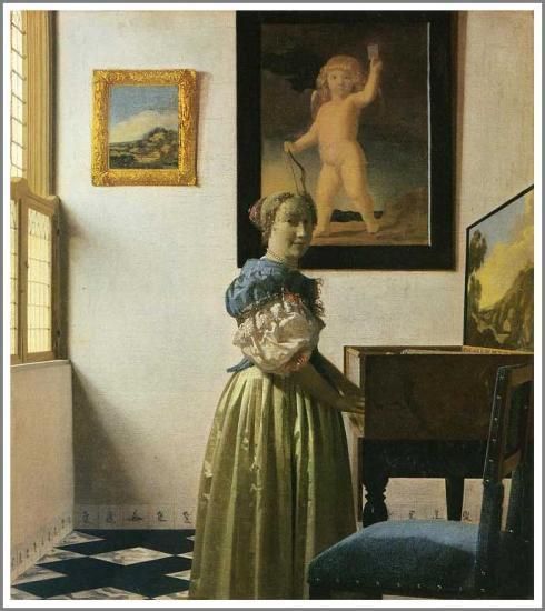 フェルメール【ヴァージナルの前に立つ女性】 - 手描き 絵画（油絵複製