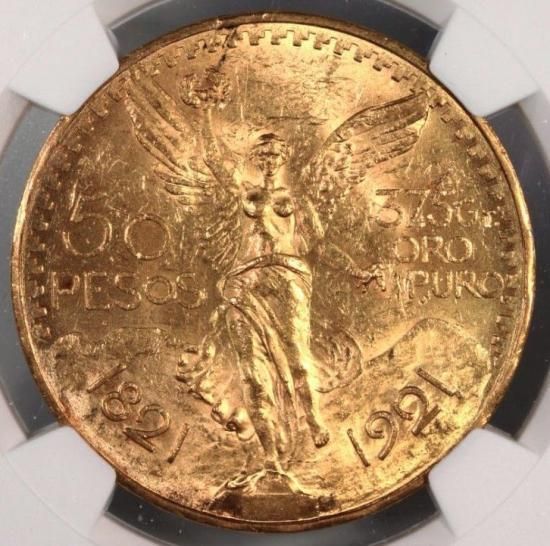 メキシコ 1921 50ペソ 自由の女神と蛇喰鷲 大型金貨 人気の初年号 NGC