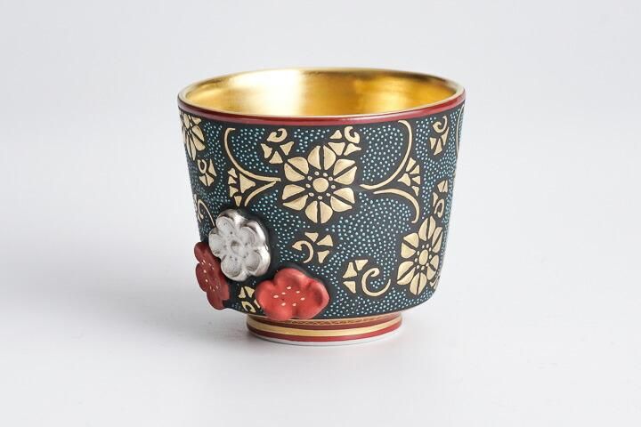 丸型 酒盃 盛金鉄線青粒（桐箱入り）/仲田錦玉