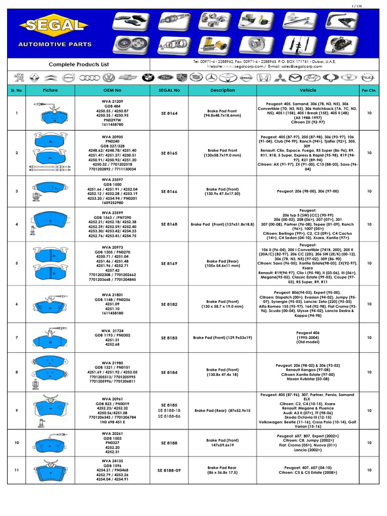 Segal Catalogue With Oem | PDF | Car Body Styles | Vehicles