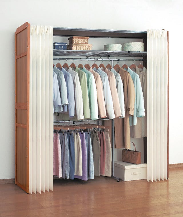 木製 伸縮式 クローゼット ハンガー 横伸縮 ハンガーラック カバー付き