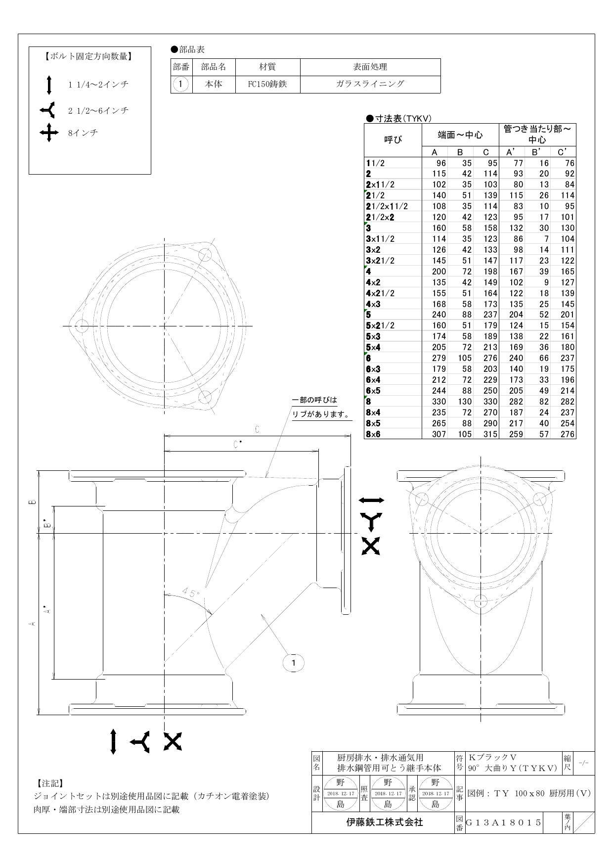 伊藤鉄工 I-KBV-TY-H 100 TY KブラックV 90°大曲Y (本体) 100 配管部材