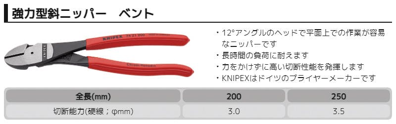 クニペックス 強力型斜ニッパー ベントタイプ SB 7421-200 鍛造軸