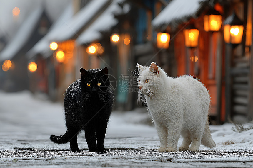 黑猫白猫对视在雪夜小镇高清图片下载-正版图片603090903-摄图网