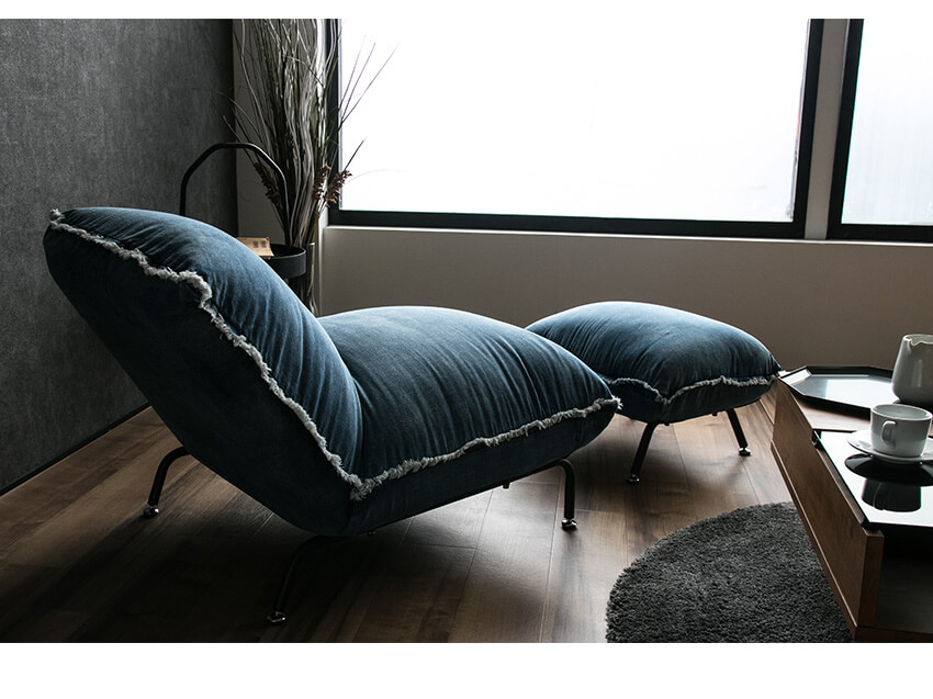 ユーズド加工デニム生地のお一人様用デニムソファ+オットマンセット