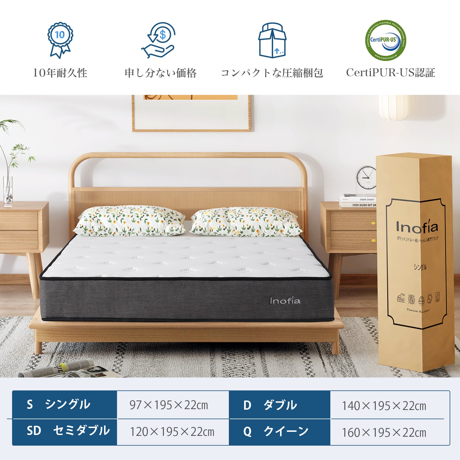 Inofia マットレス 高反発 極厚22cm ポケットコイル 新素材ウレタン