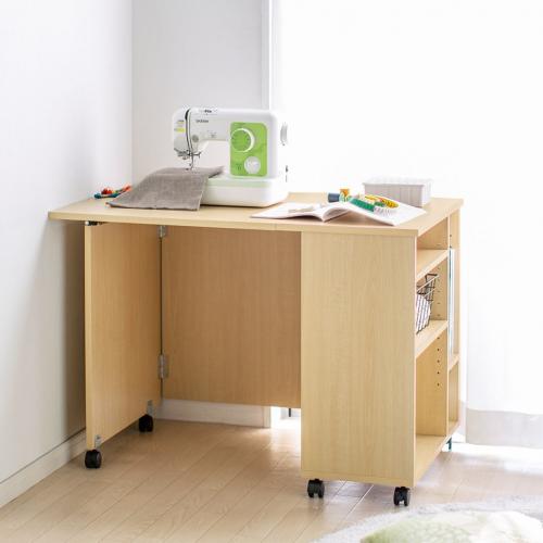 デスクになる収納ワゴン 折りたたみ天板 ライトブラウン 100